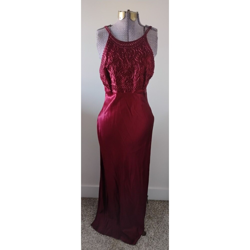 Vtg Blondie and Me Evening Dress Maxi Formal Prom Y2k Halter Burgundy Satin 2,4